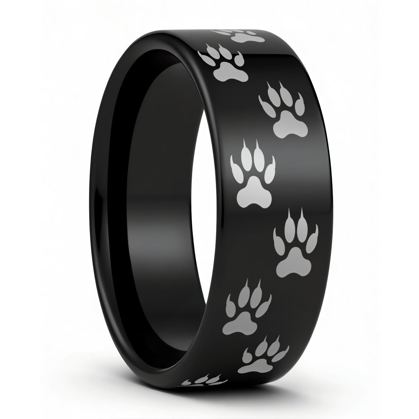 One Wolf Tracks Black Tungsten Men's Wedding Band displayed on a plain white background