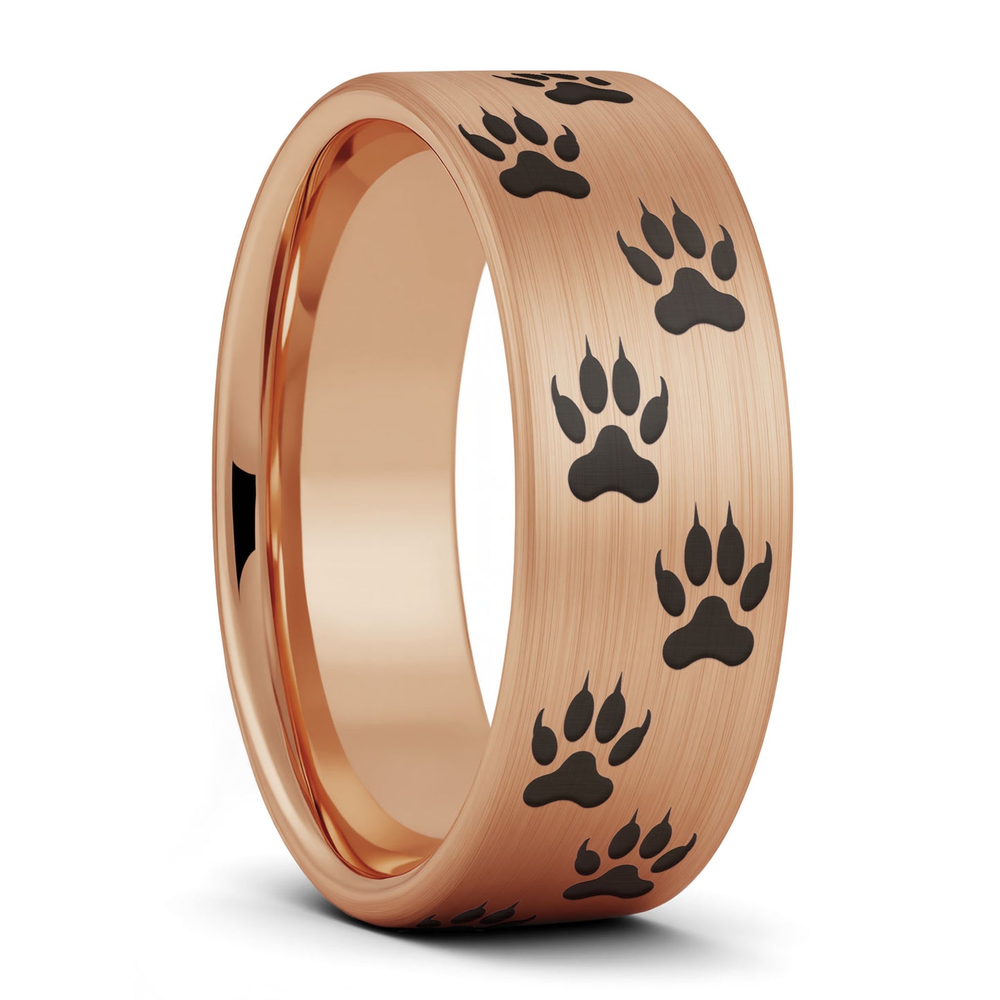 A wolf tracks brushed rose gold tungsten men's wedding band displayed on a plain white background.