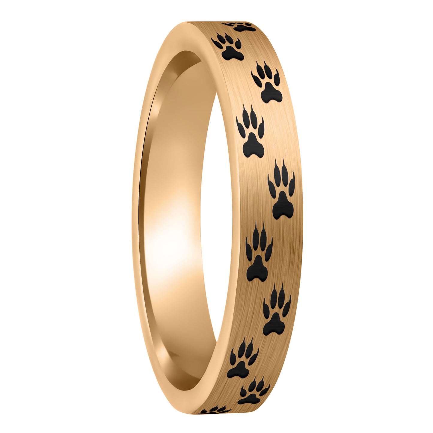 A wolf tracks brushed rose gold tungsten women's wedding band displayed on a plain white background.
