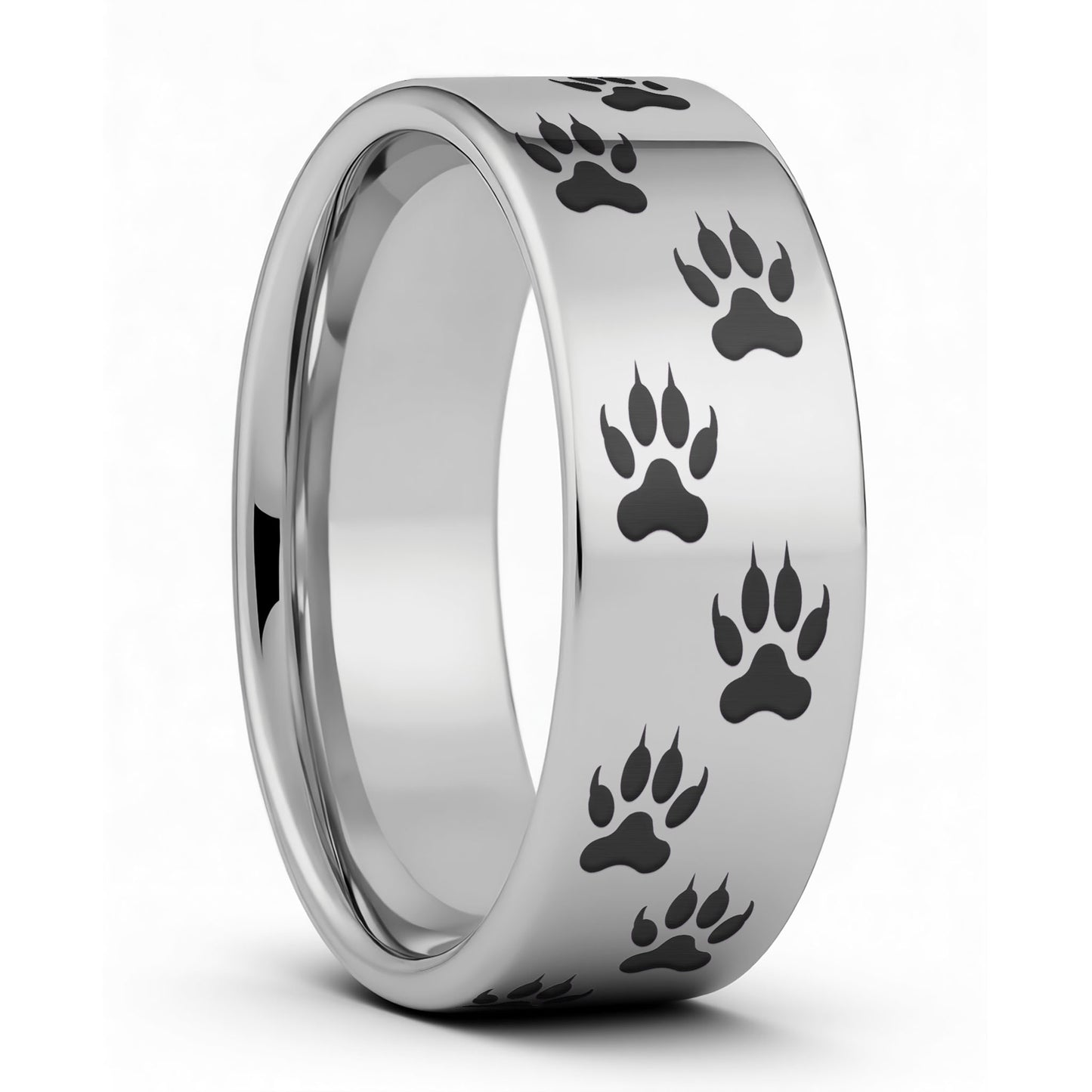 One Wolf Tracks Tungsten Men's Wedding Band displayed on a plain white background
