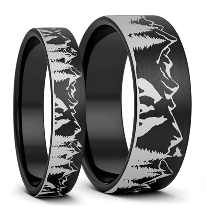 Wolf Landscape Scene Brushed Tungsten Couple's Matching Wedding Band Set