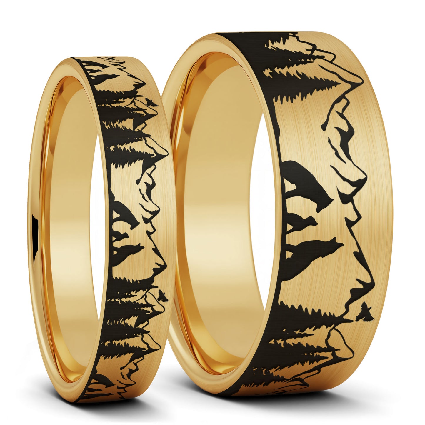 Wolf Landscape Scene Brushed Gold Tungsten Couple's Matching Wedding Band Set
