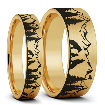 Wolf Landscape Scene Brushed Tungsten Couple's Matching Wedding Band Set