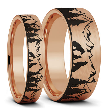 Wolf Landscape Scene Brushed Tungsten Couple's Matching Wedding Band Set