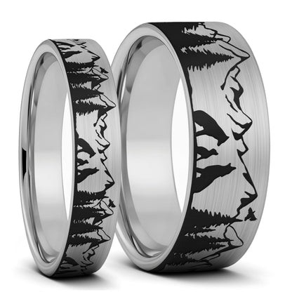 Wolf Landscape Scene Brushed Tungsten Couple's Matching Wedding Band Set