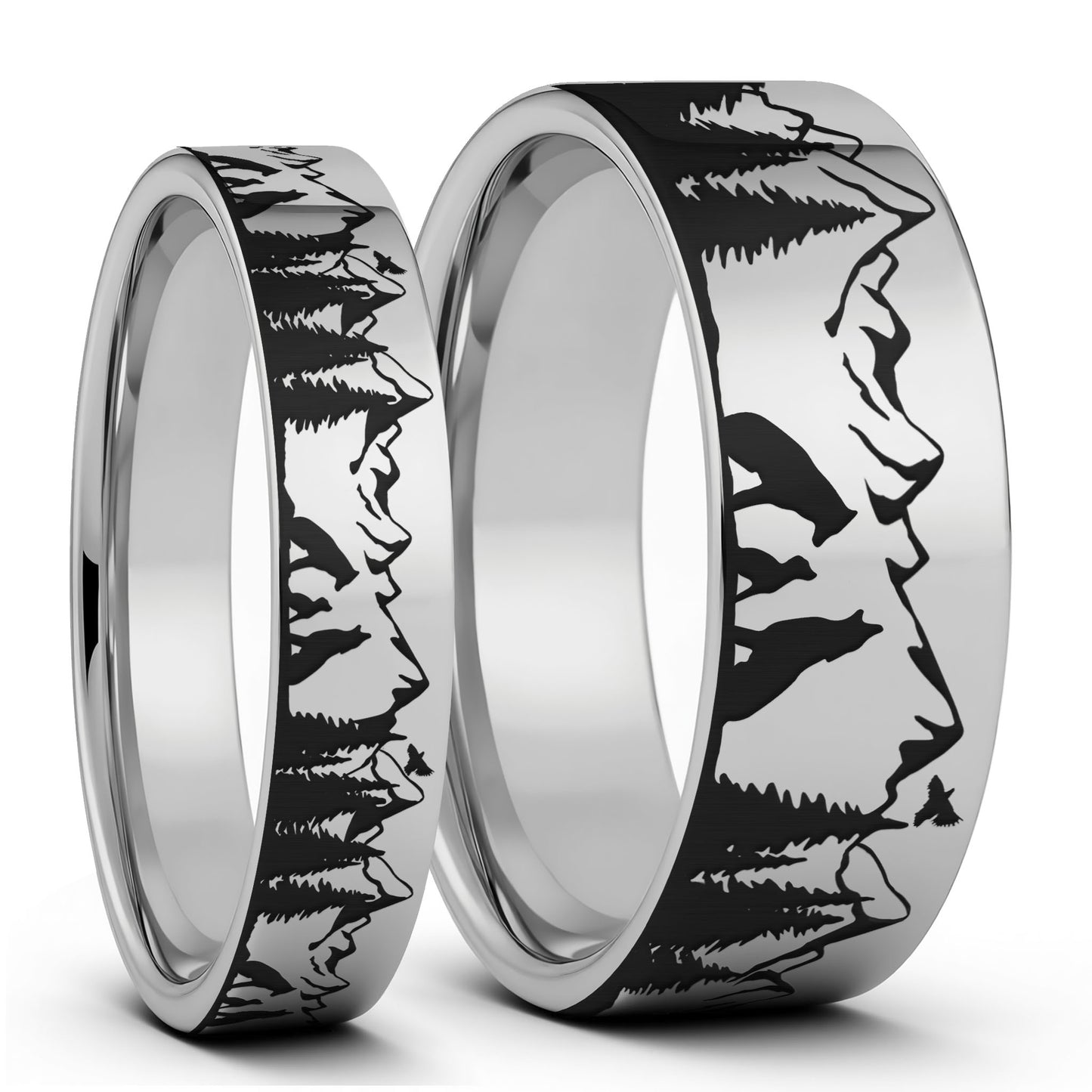 Wolf Landscape Scene Tungsten Couple's Matching Wedding Band Set