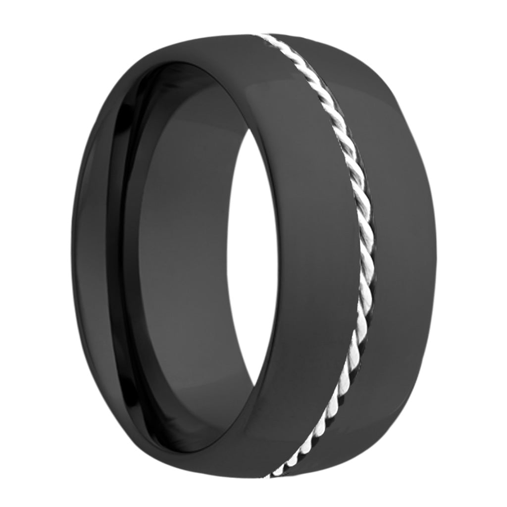 Woven Silver Inlay Domed Zirconium Wedding Band