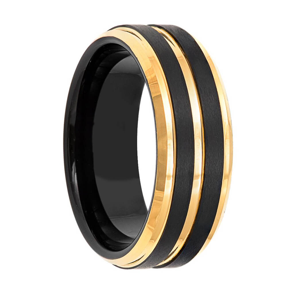 Yellow Gold Grooved Black Tungsten Men's Wedding Band