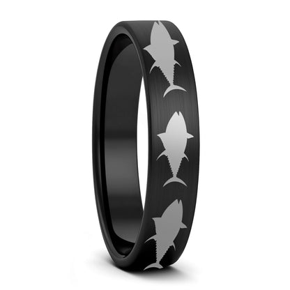 A yellowfin tuna fish brushed black tungsten women's wedding band displayed on a plain white background.
