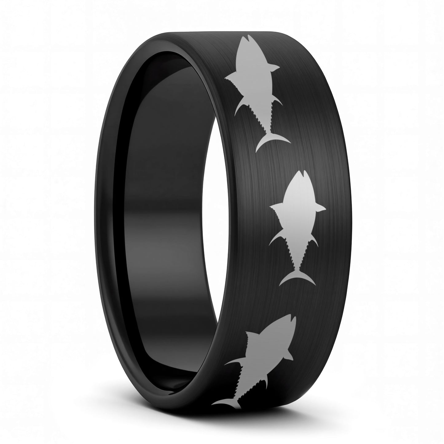 A yellowfin tuna fish brushed black tungsten men's wedding band displayed on a plain white background.