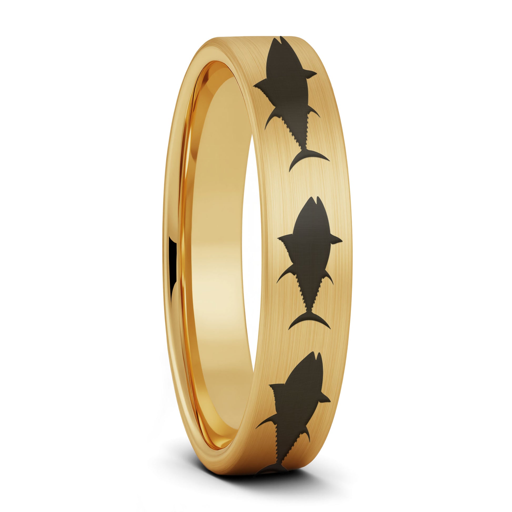 A yellowfin tuna fish brushed gold tungsten women's wedding band displayed on a plain white background.