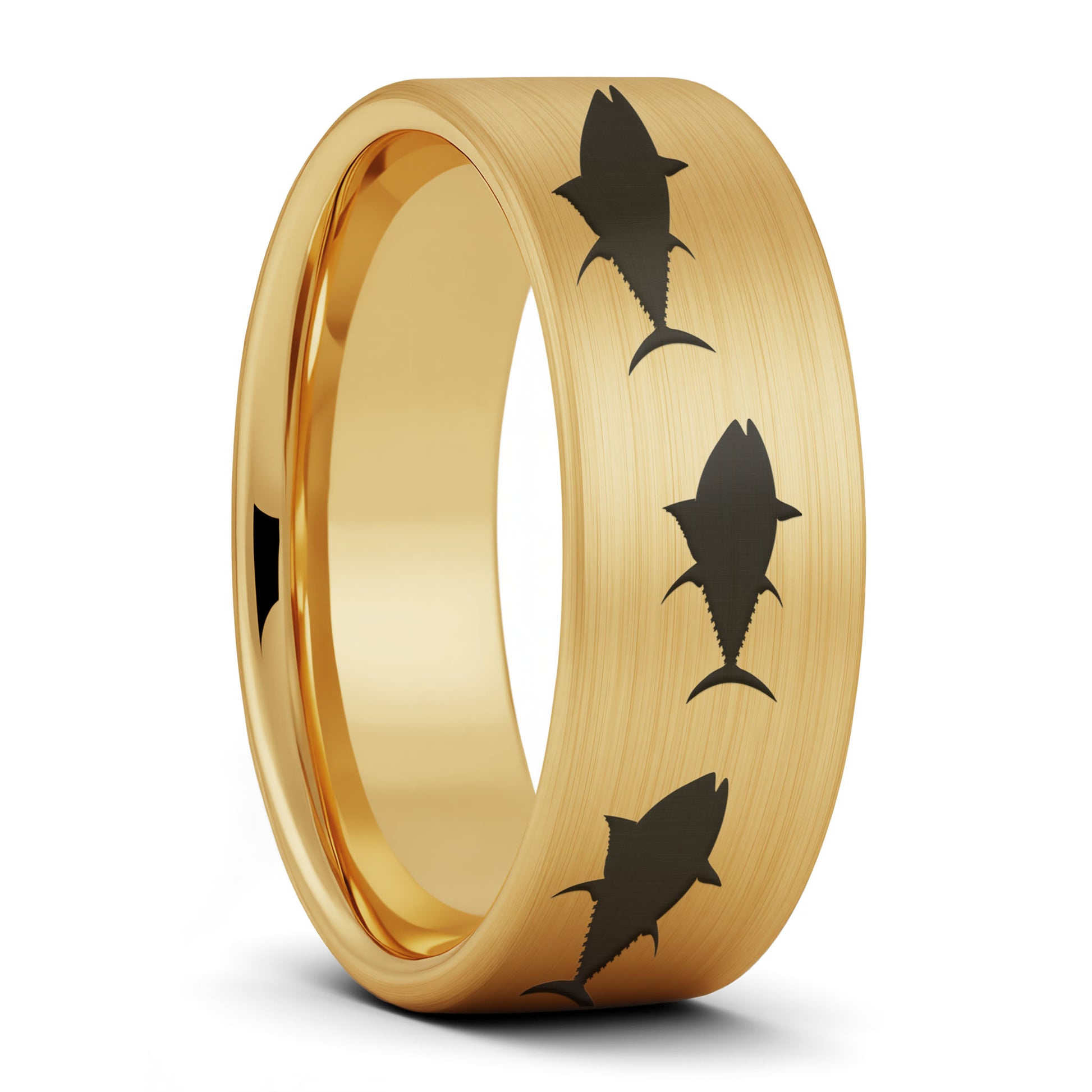 A yellowfin tuna fish brushed gold tungsten men's wedding band displayed on a plain white background.