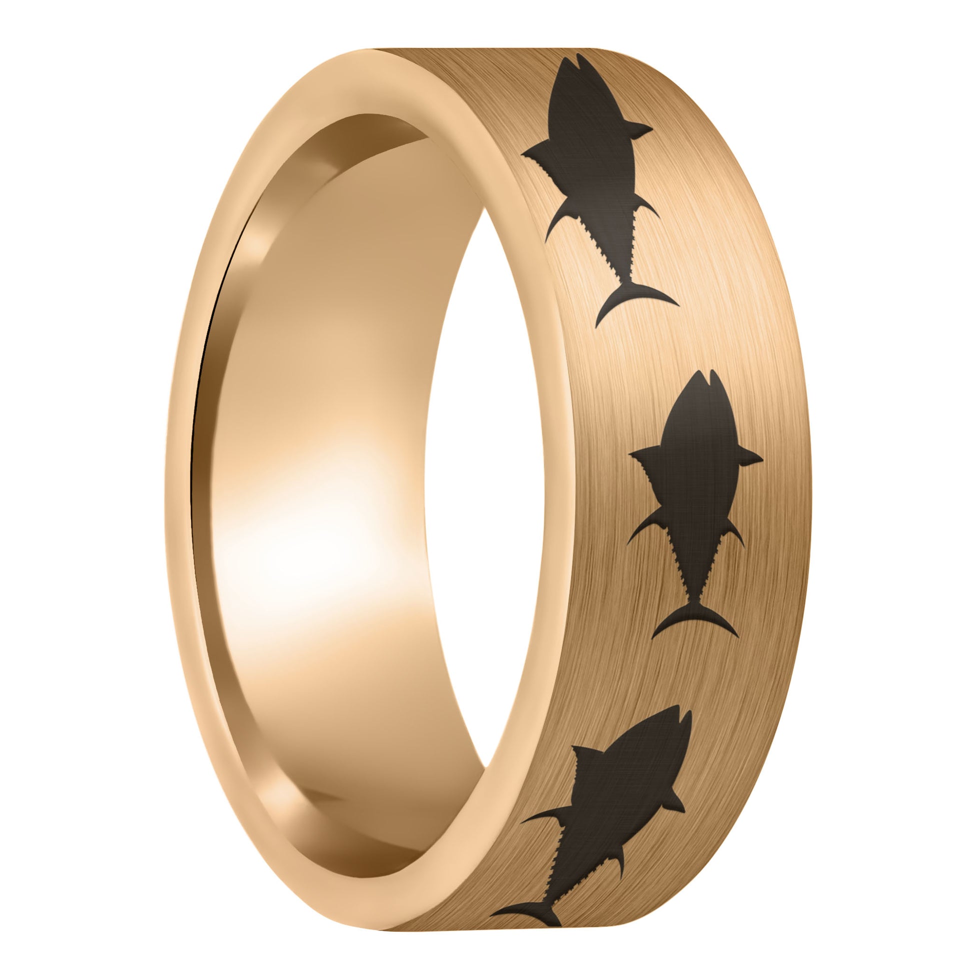 A yellowfin tuna fish brushed rose gold tungsten men's wedding band displayed on a plain white background.