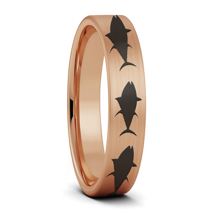 A yellowfin tuna fish brushed rose gold tungsten women's wedding band displayed on a plain white background.