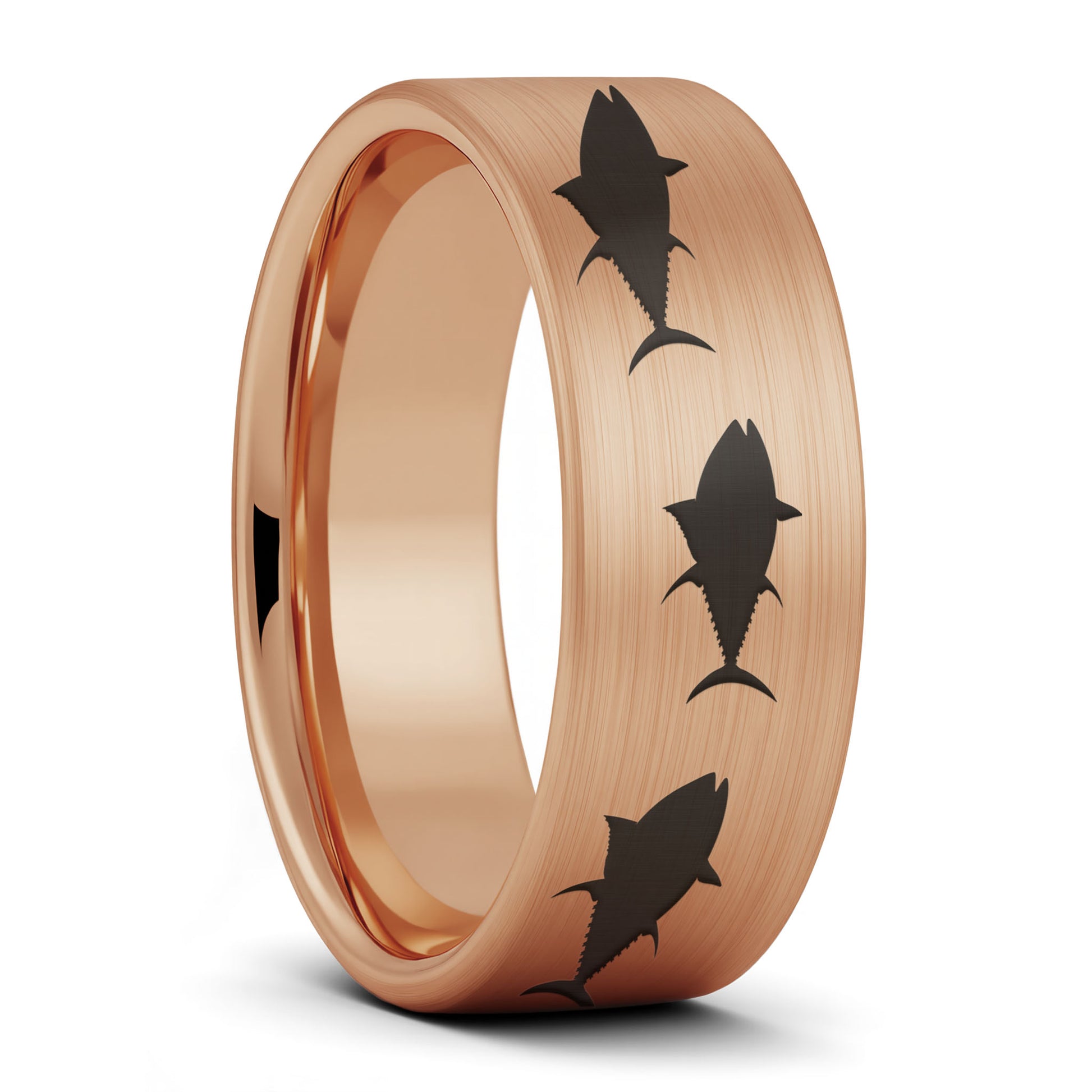 A yellowfin tuna fish brushed rose gold tungsten men's wedding band displayed on a plain white background.