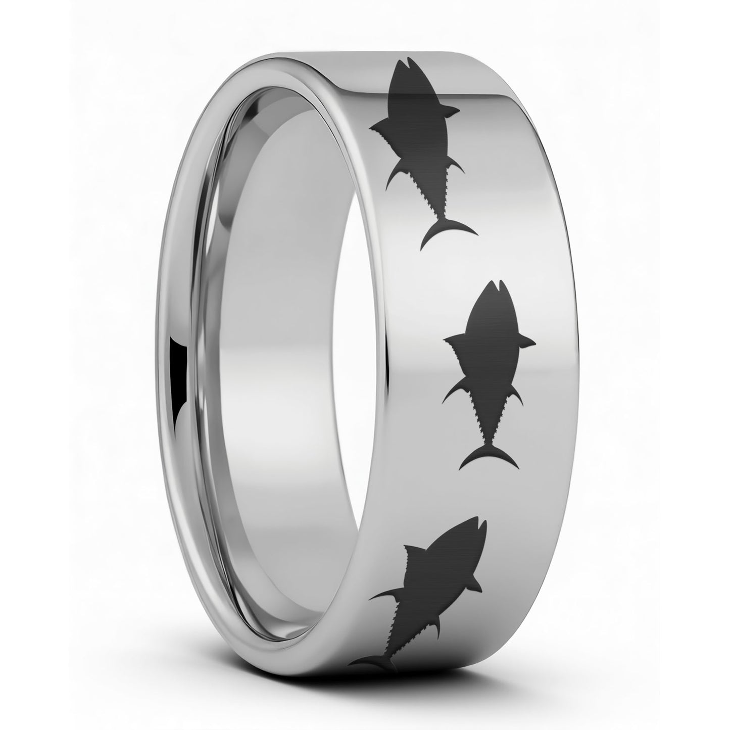 One Yellowfin Tuna Fish Tungsten Men's Wedding Band displayed on a plain white background