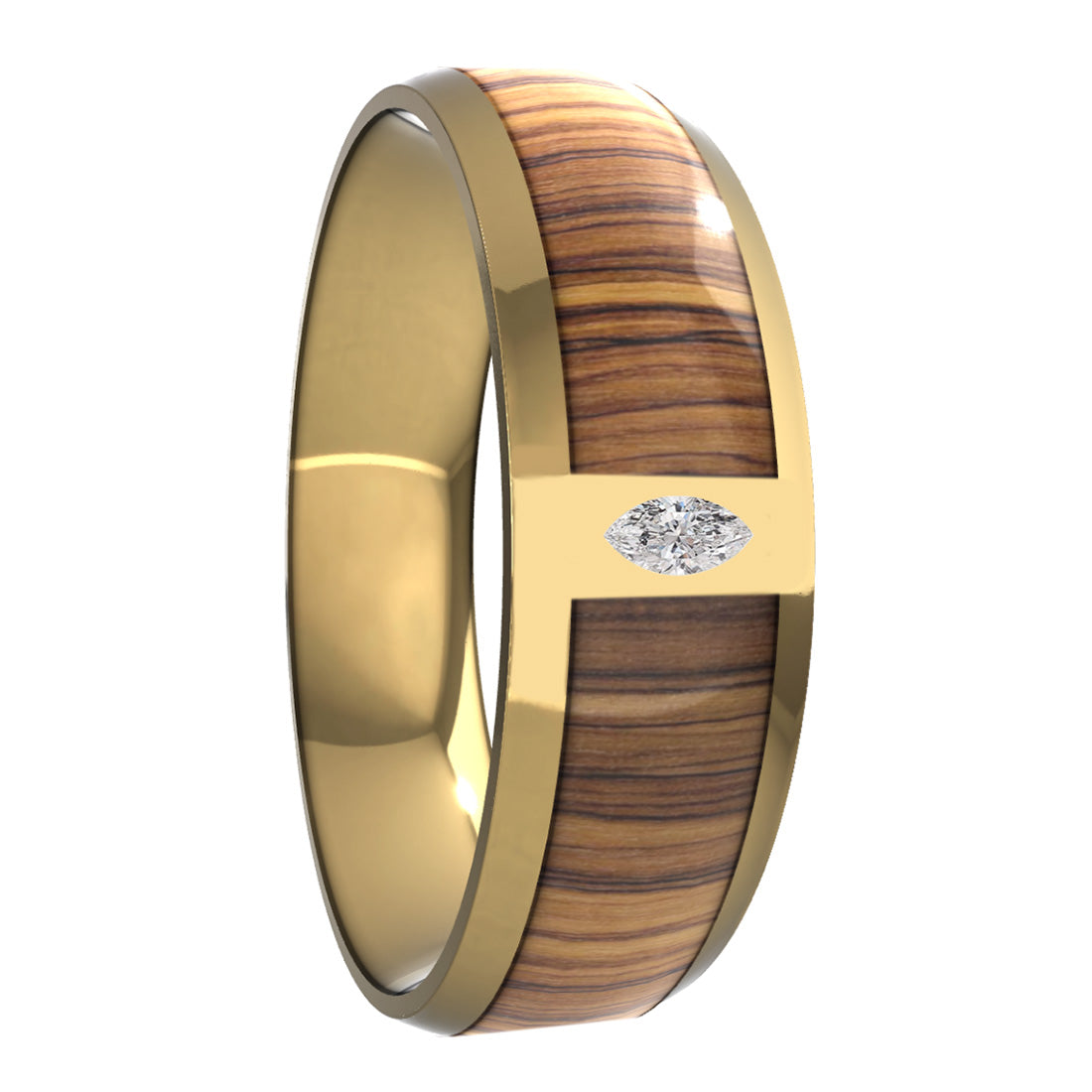 Zebra Wood Inlaid 10k Gold Wedding Band with Marquise Diamond