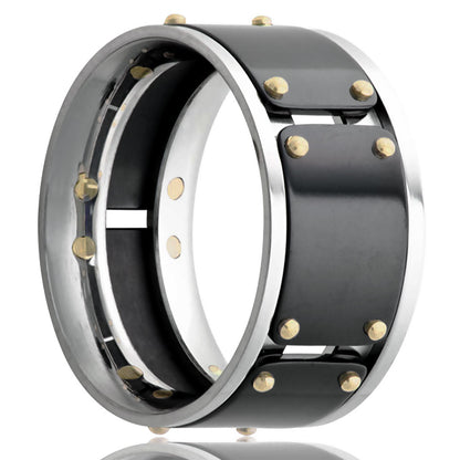 Zirconium & Cobalt Men's Wedding Band with 14k Gold Rivets