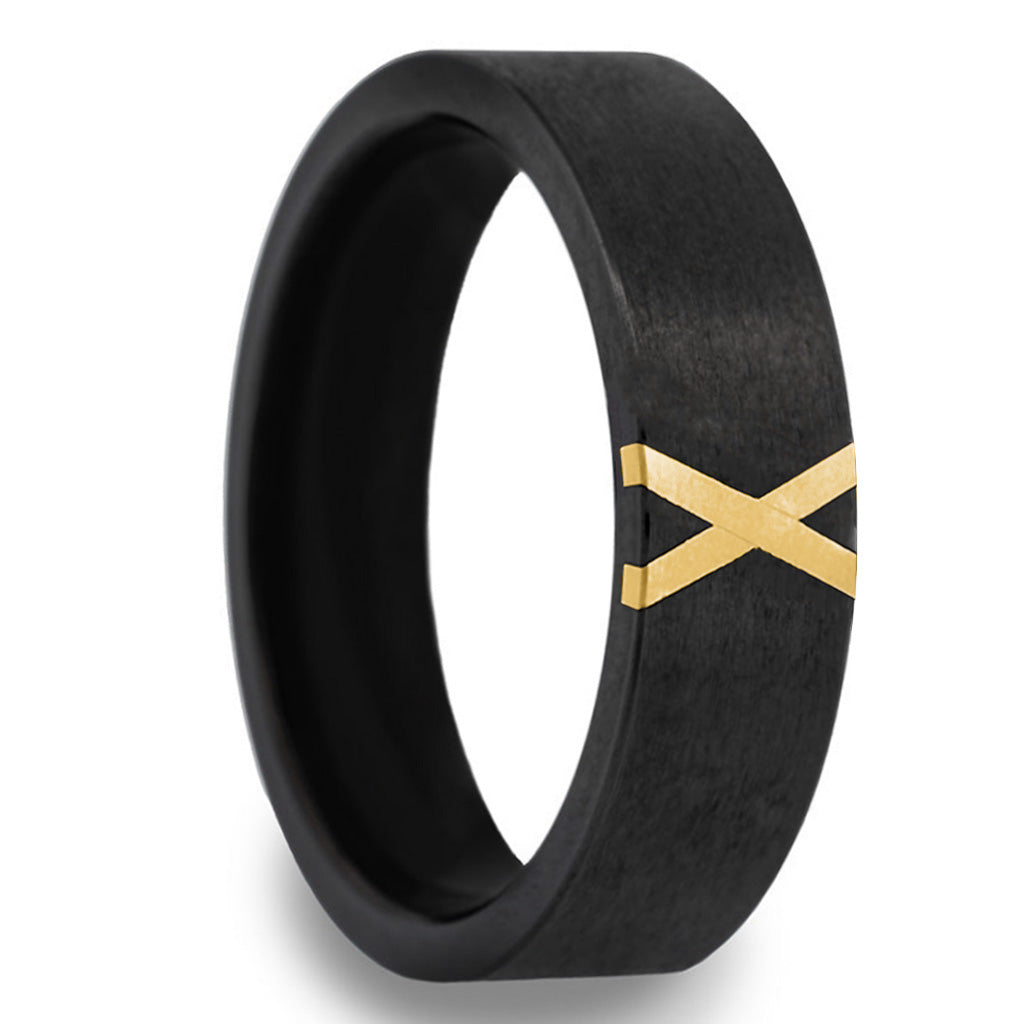 Zirconium Wedding Band with X Shaped 14k Gold Inlay