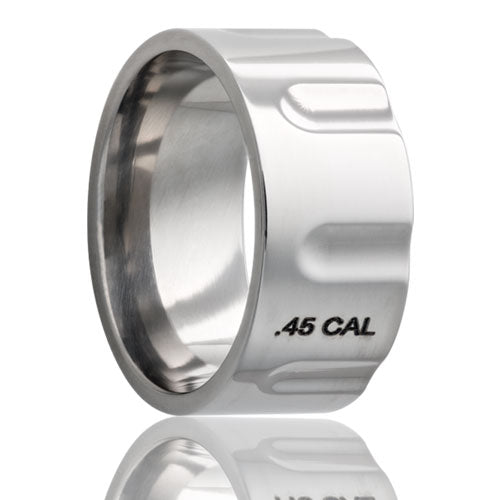 A titanium wedding band with bullet engraving displayed on a neutral white background.
