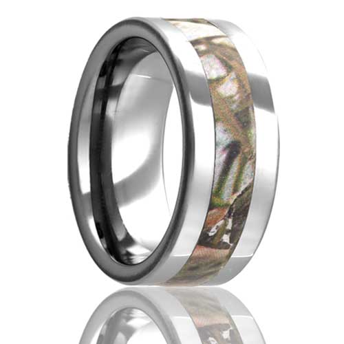 A leaf camo inlay tungsten men's wedding band displayed on a neutral white background.