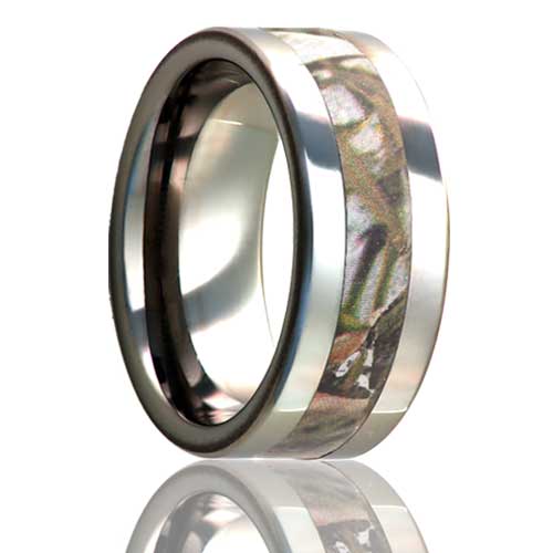 A leaf camo inlay titanium men's wedding band displayed on a neutral white background.
