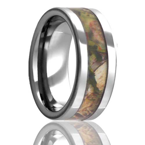 A forest camo inlay tungsten men's wedding band displayed on a neutral white background.