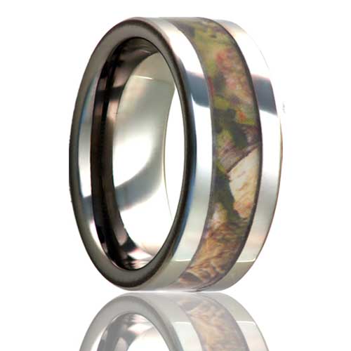 A forest camo inlay titanium men's wedding band displayed on a neutral white background.