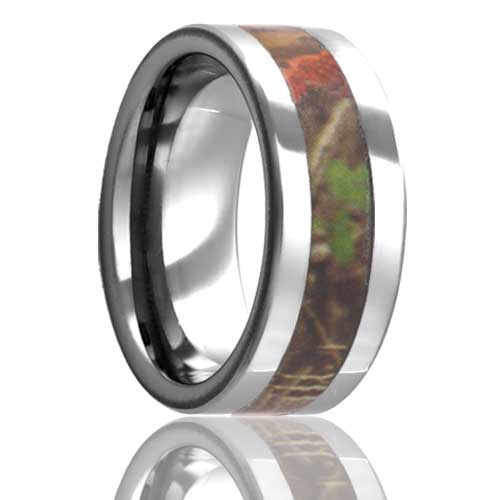 A tree camo inlay tungsten men's wedding band displayed on a neutral white background.