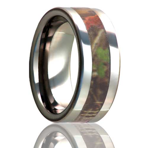 A tree camo inlay titanium men's wedding band displayed on a neutral white background.