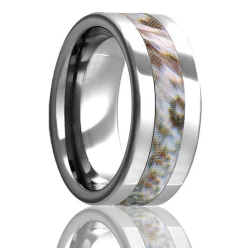 A light camo inlay tungsten men's wedding band displayed on a neutral white background.