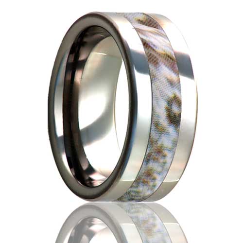 A light camo inlay titanium men's wedding band displayed on a neutral white background.