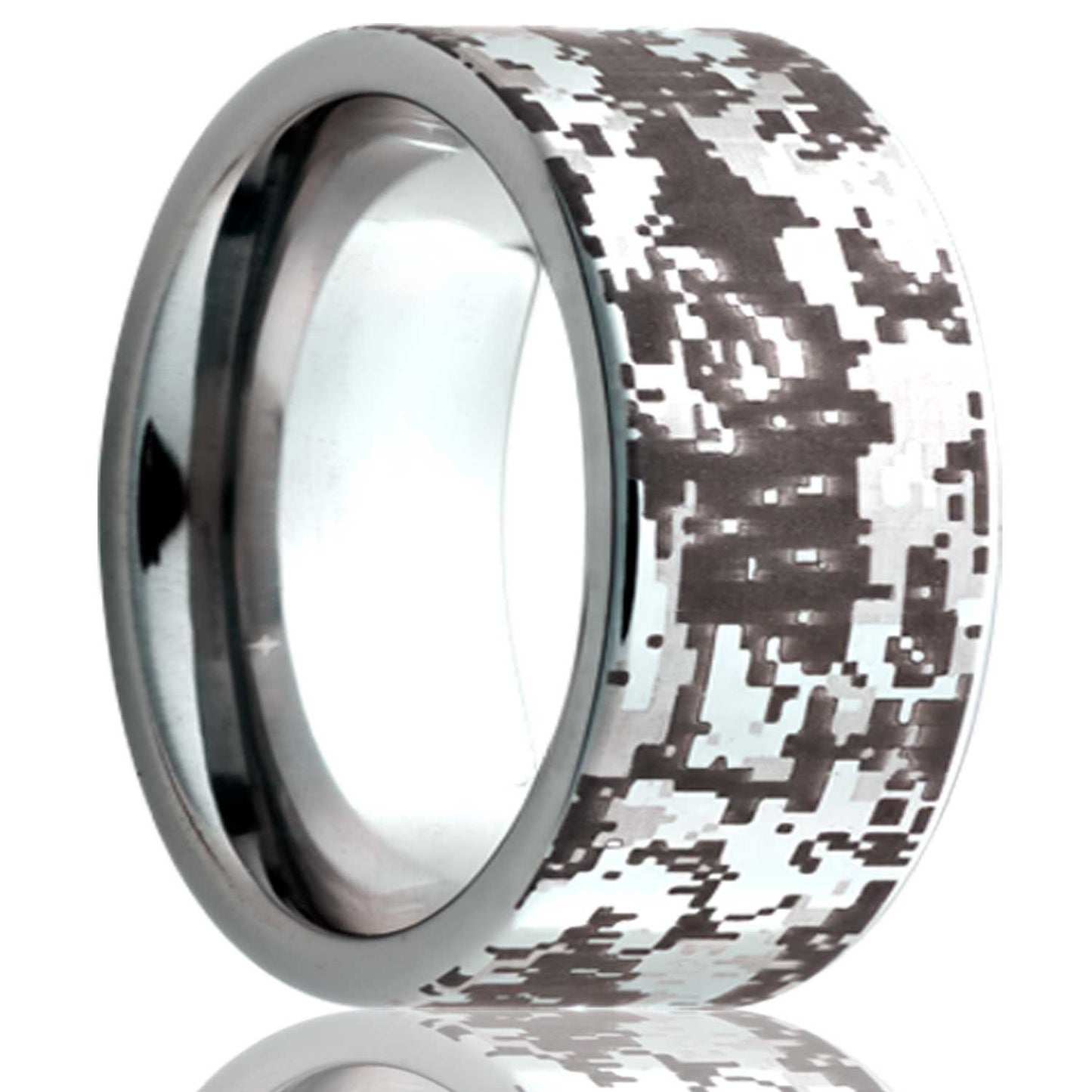A digital camo tungsten wedding band displayed on a neutral white background.