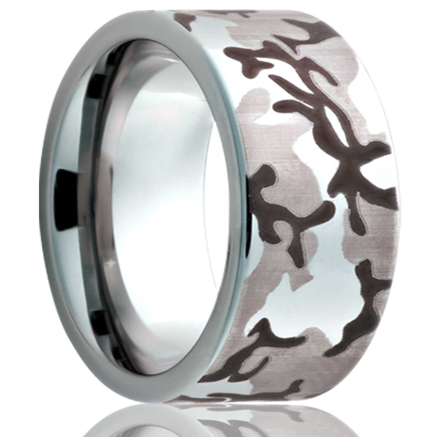 A engraved camo tungsten wedding band displayed on a neutral white background.