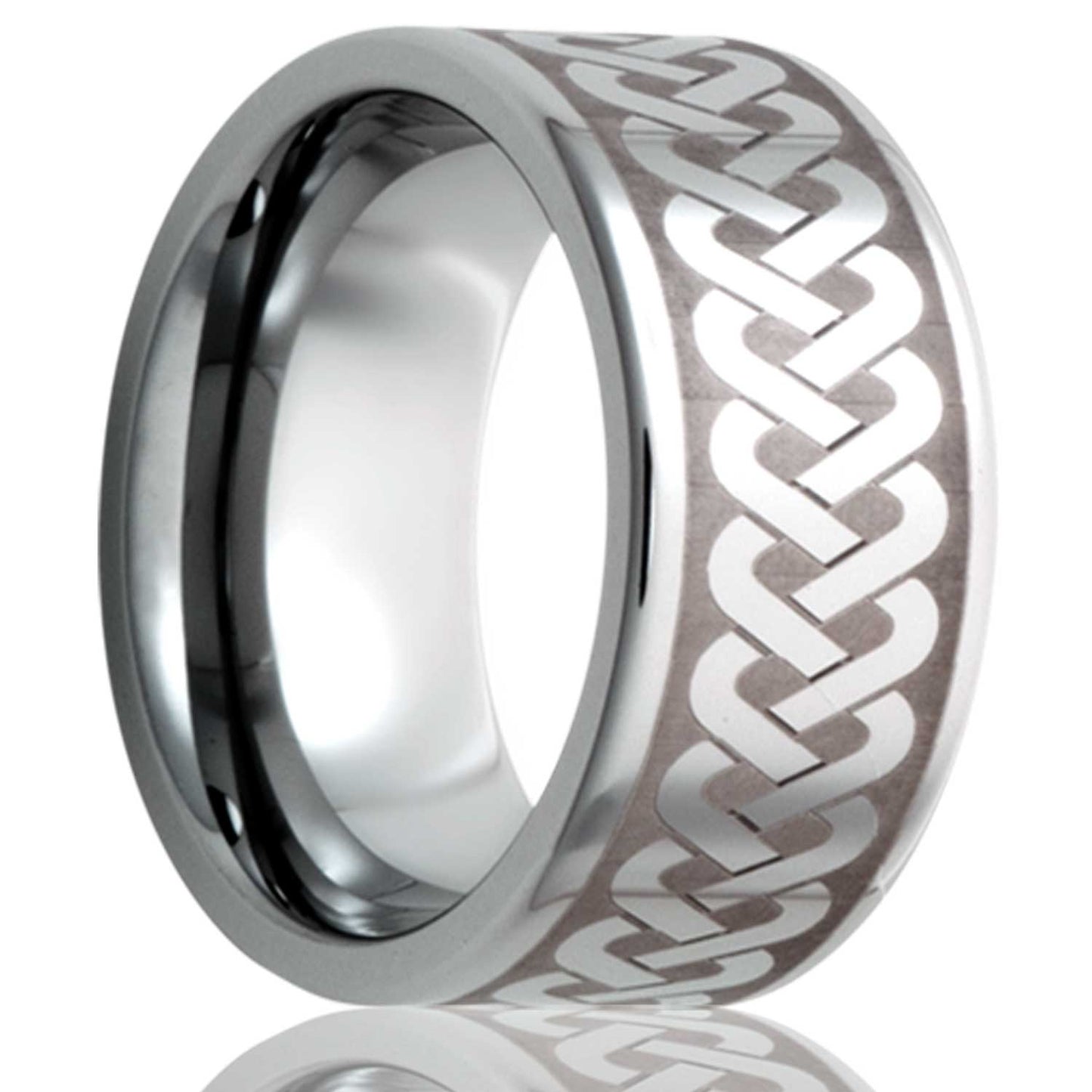 A sailor's celtic knot tungsten wedding band displayed on a neutral white background.