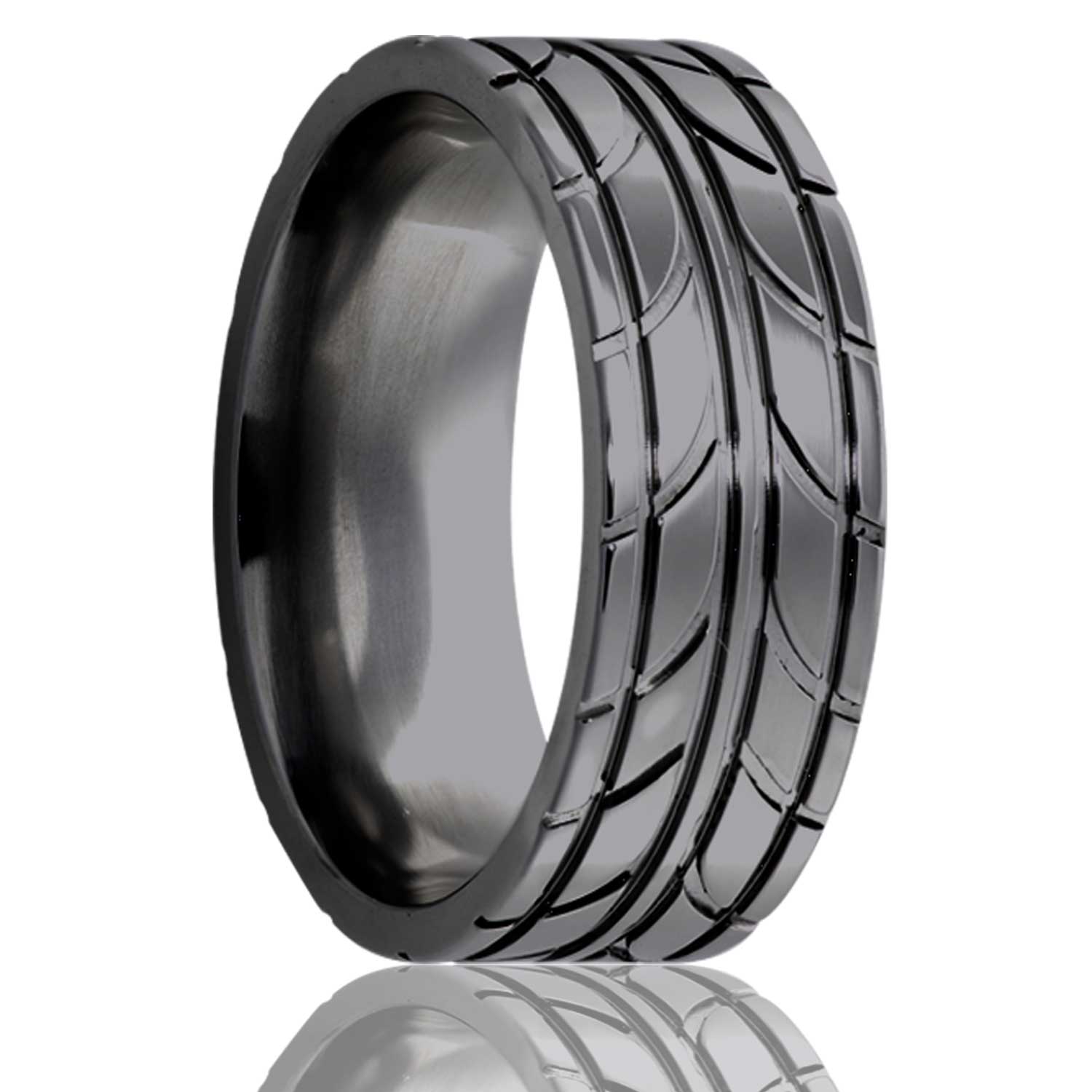 A tire treads zirconium men's wedding band displayed on a neutral white background.
