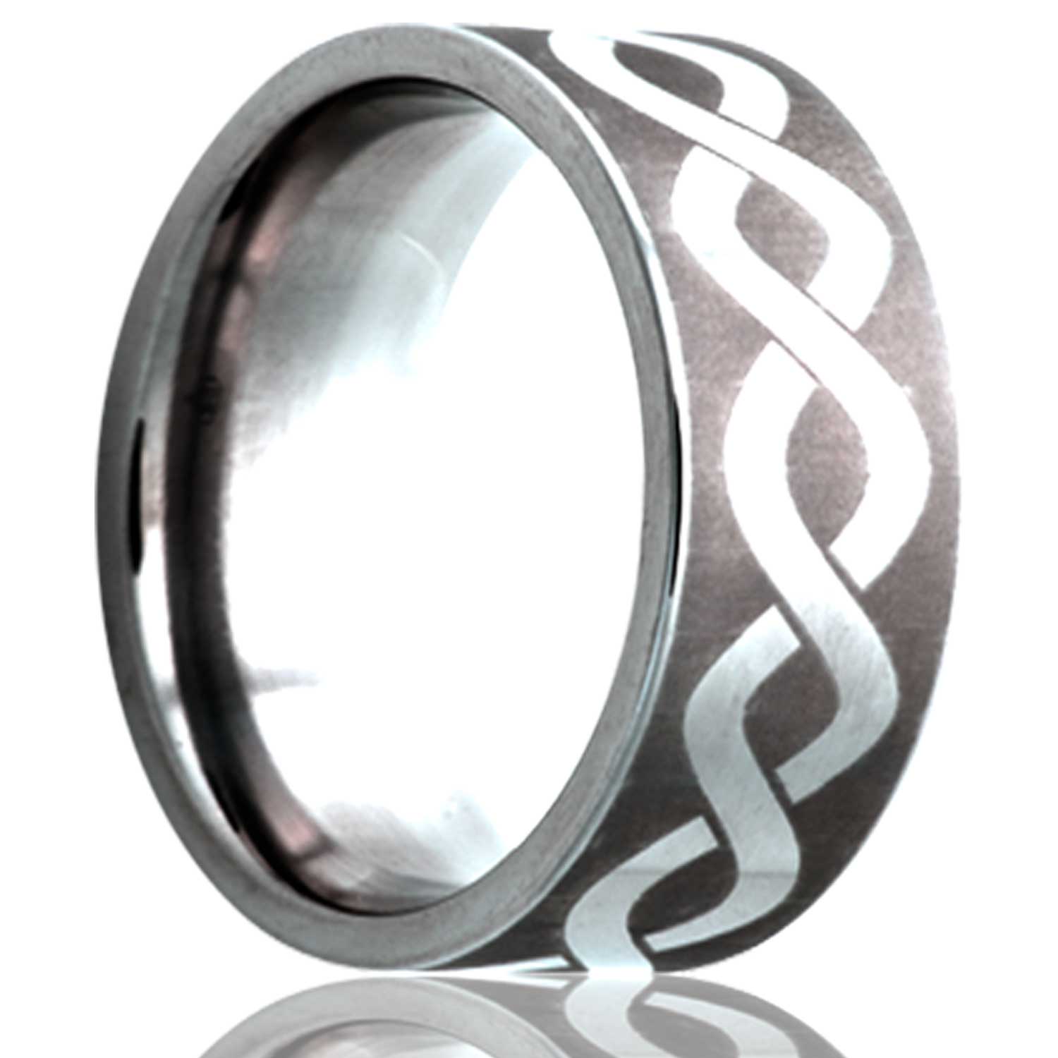 A infinity waves engraved cobalt wedding band displayed on a neutral white background.