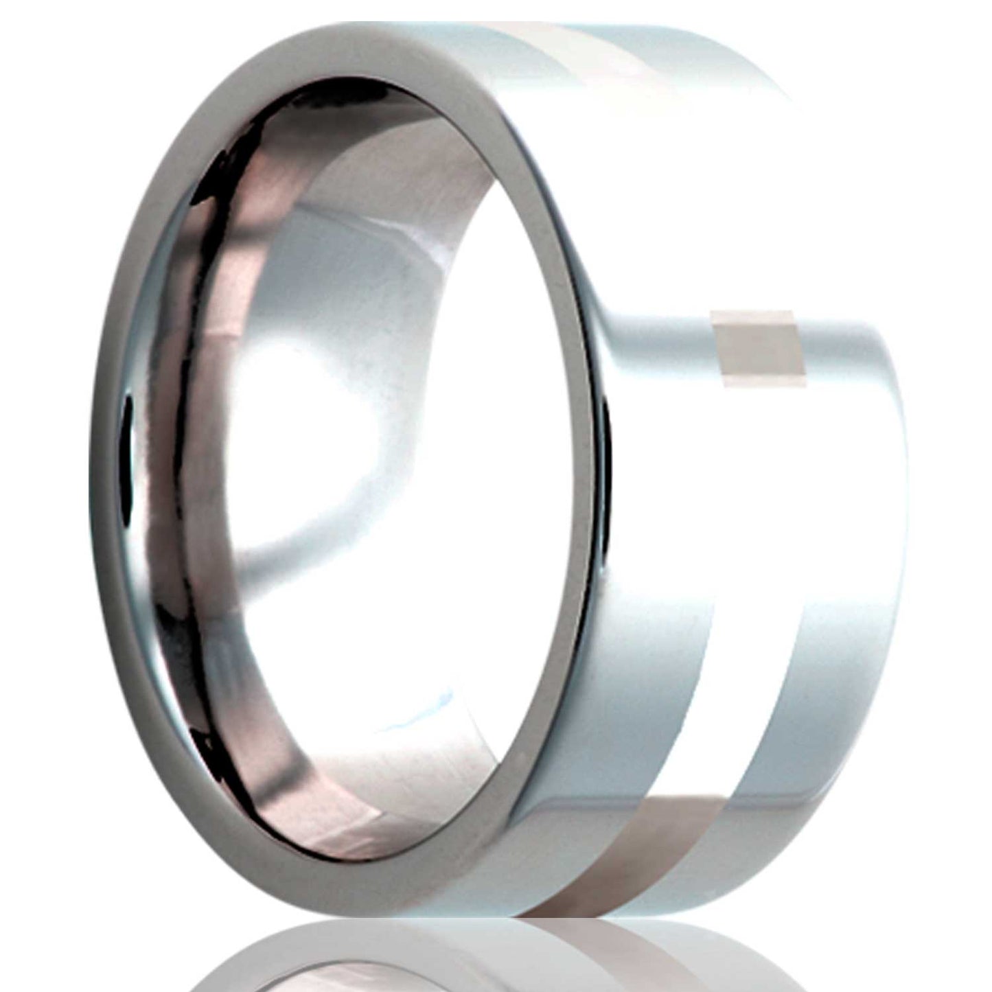 A argentium silver inlay cobalt wedding band displayed on a neutral white background.