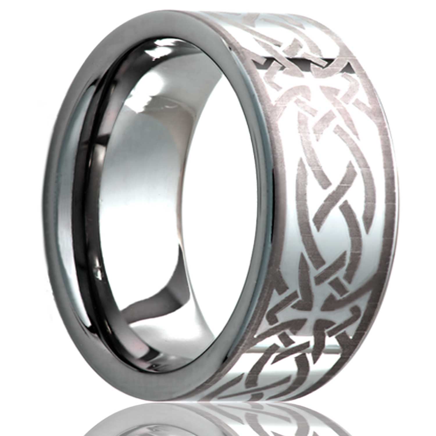 A celtic cross knot tungsten wedding band displayed on a neutral white background.
