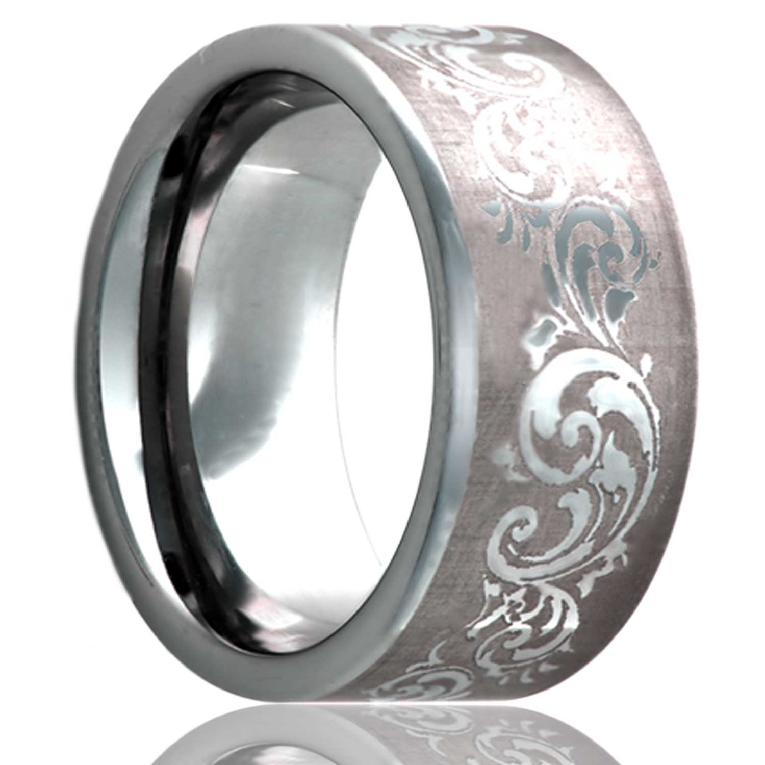 A swirl pattern cobalt wedding band displayed on a neutral white background.