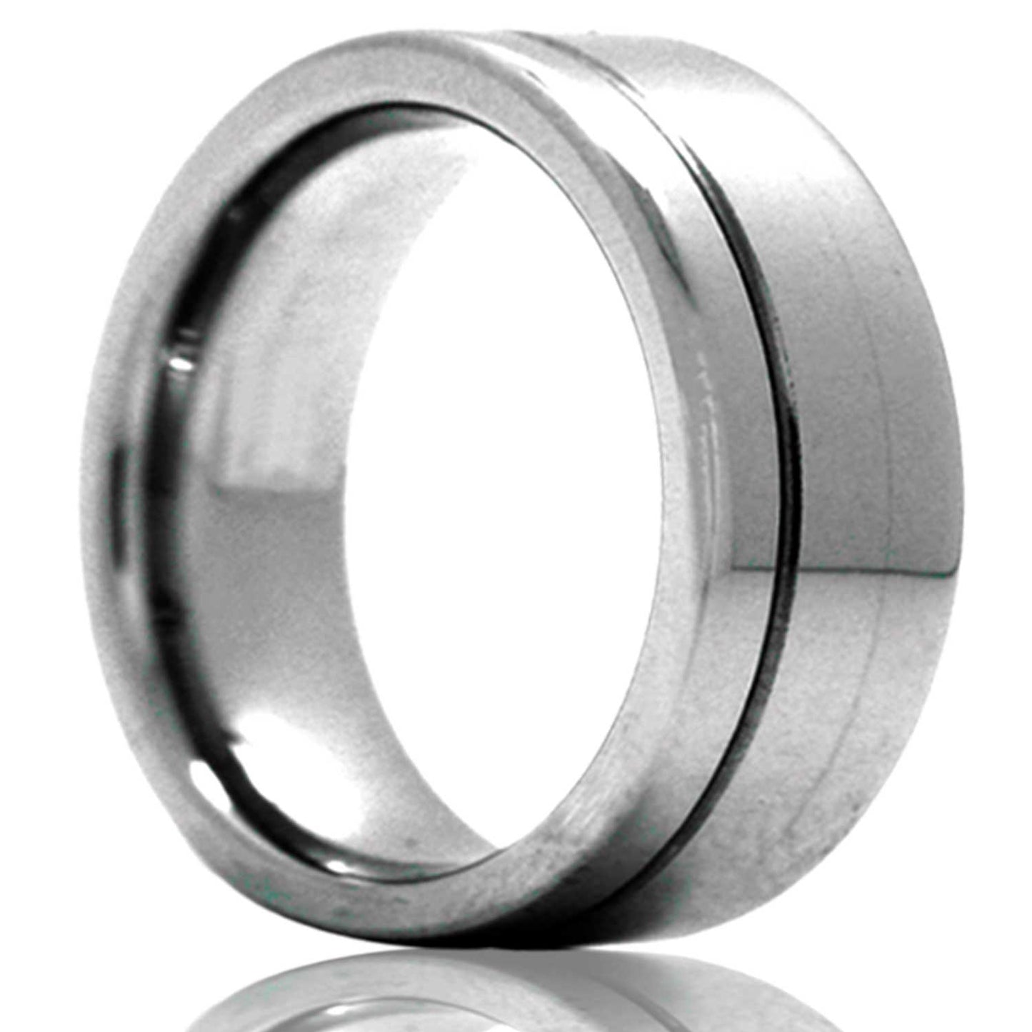 A asymmetrical grooved cobalt wedding band displayed on a neutral white background.