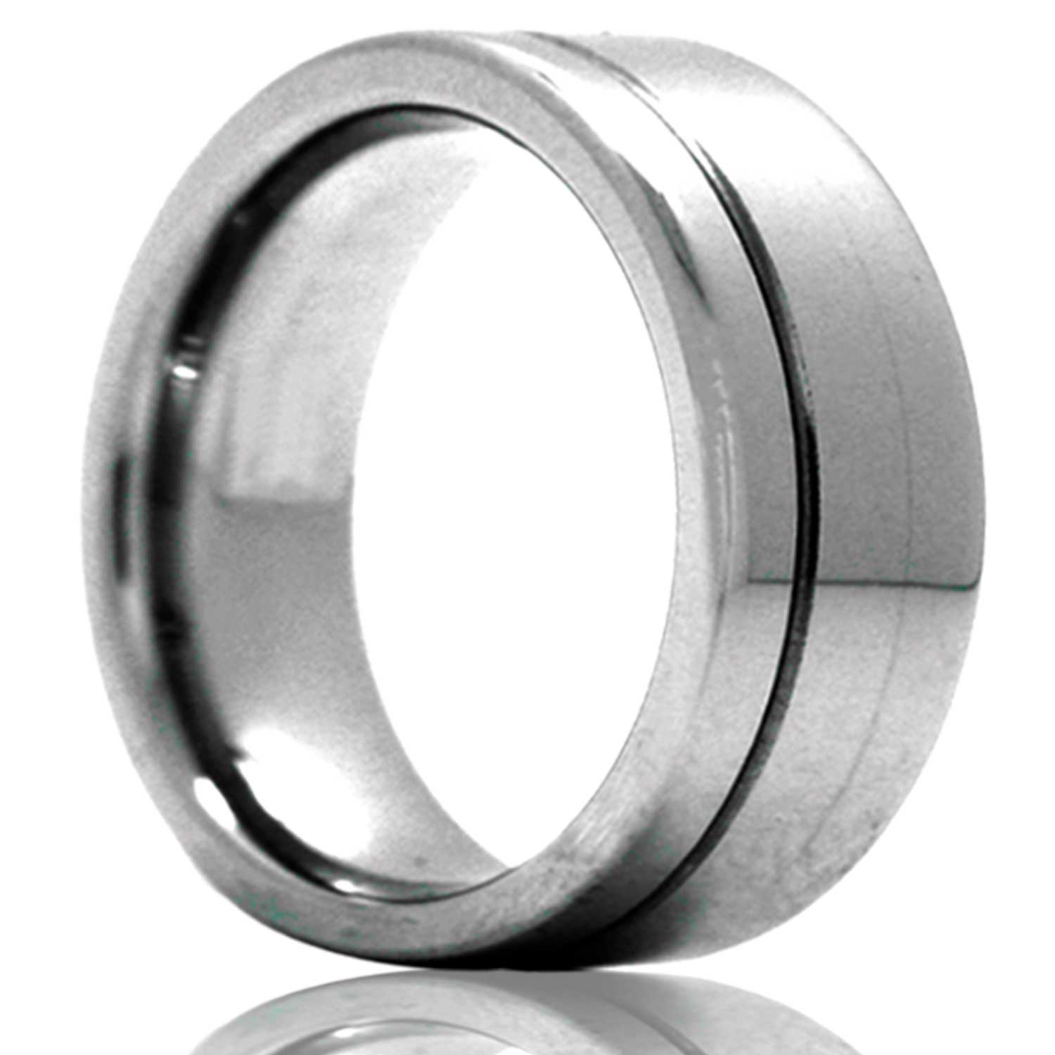 A asymmetrical grooved tungsten wedding band displayed on a neutral white background.