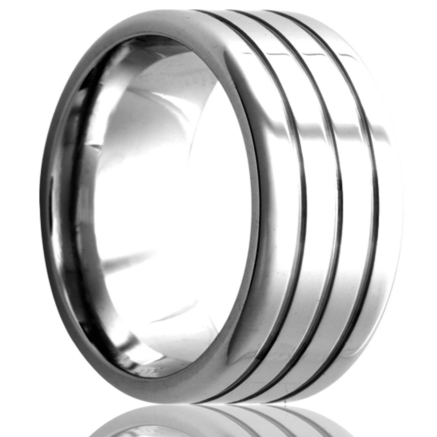 A triple grooved tungsten wedding displayed on a neutral white background.
