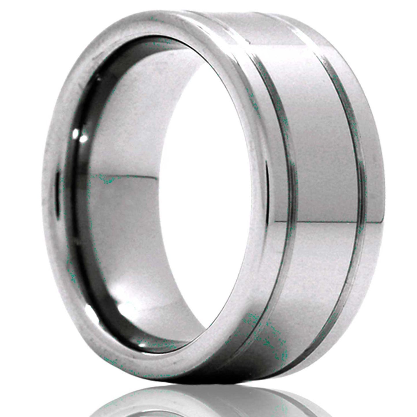 A cobalt wedding band with grooved edges displayed on a neutral white background.