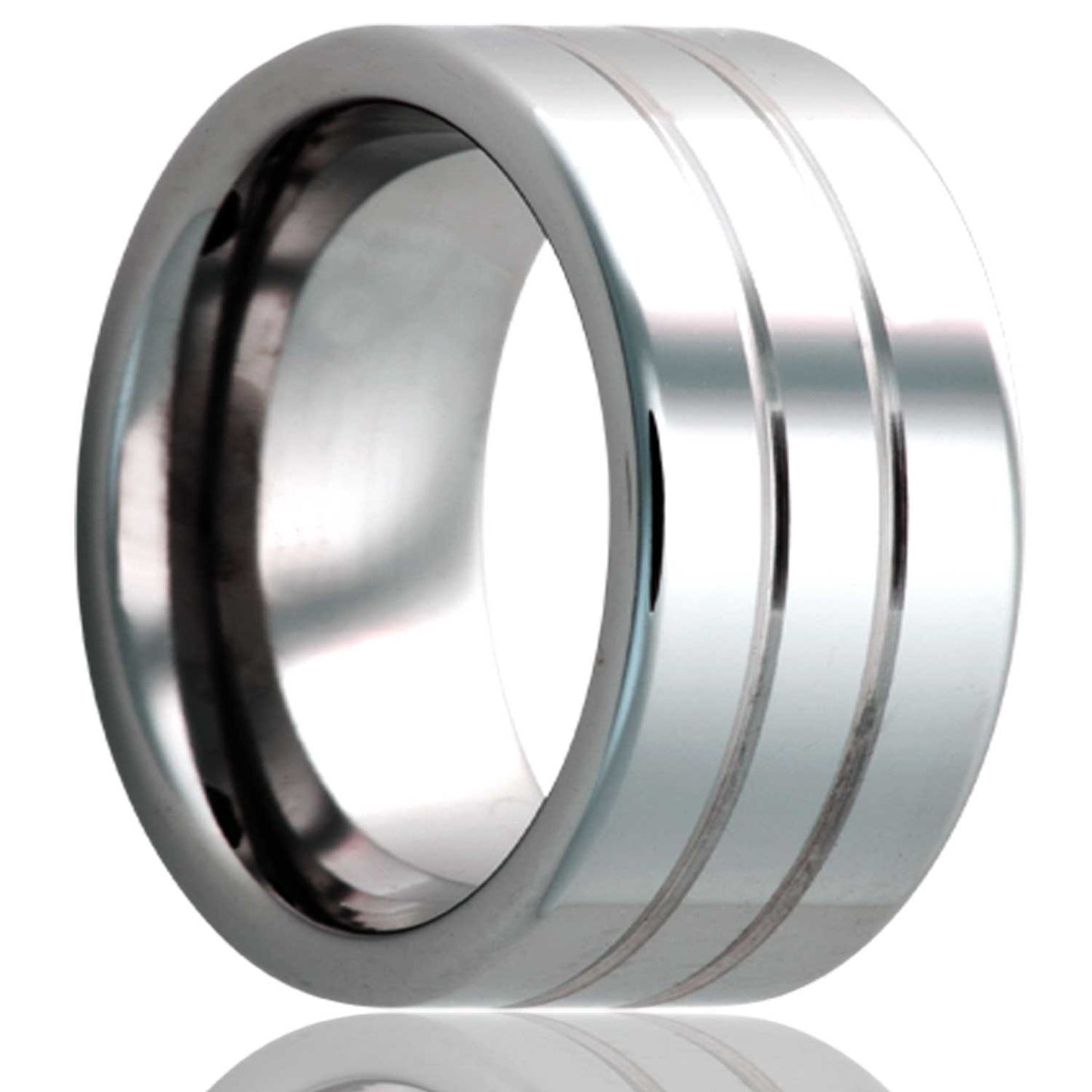 A grooved tungsten wedding band displayed on a neutral white background.