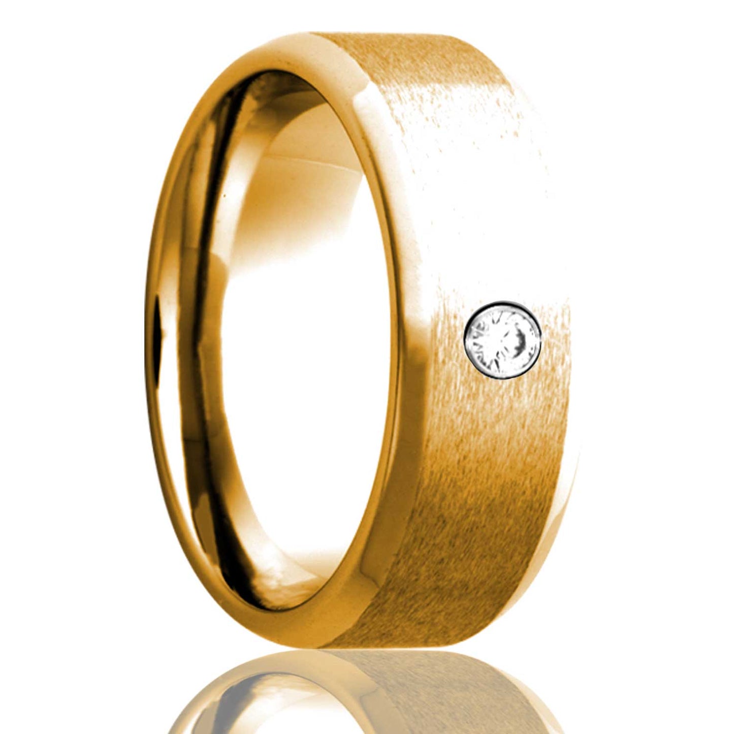 A satin finish 14k gold wedding band with beveled edges and diamond displayed on a neutral white background.