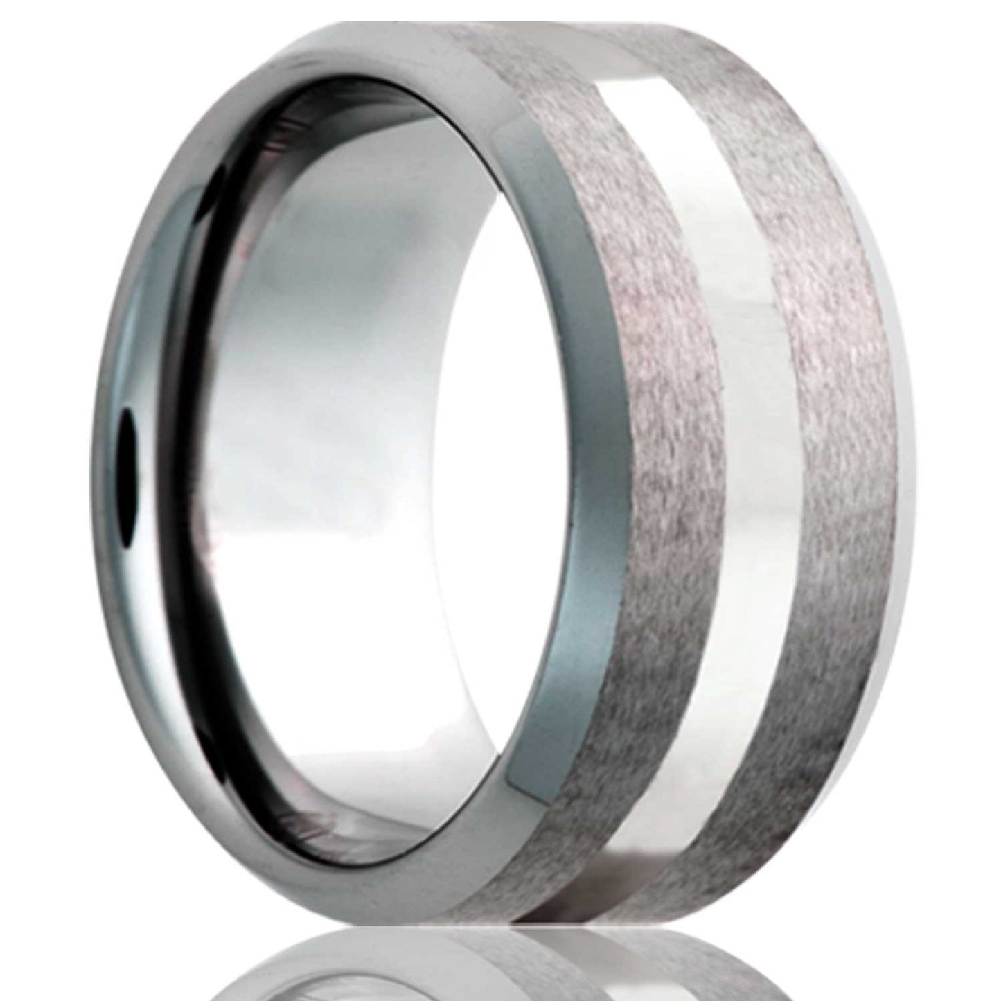 A argentium silver inlay satin finish tungsten wedding band with beveled edges displayed on a neutral white background.