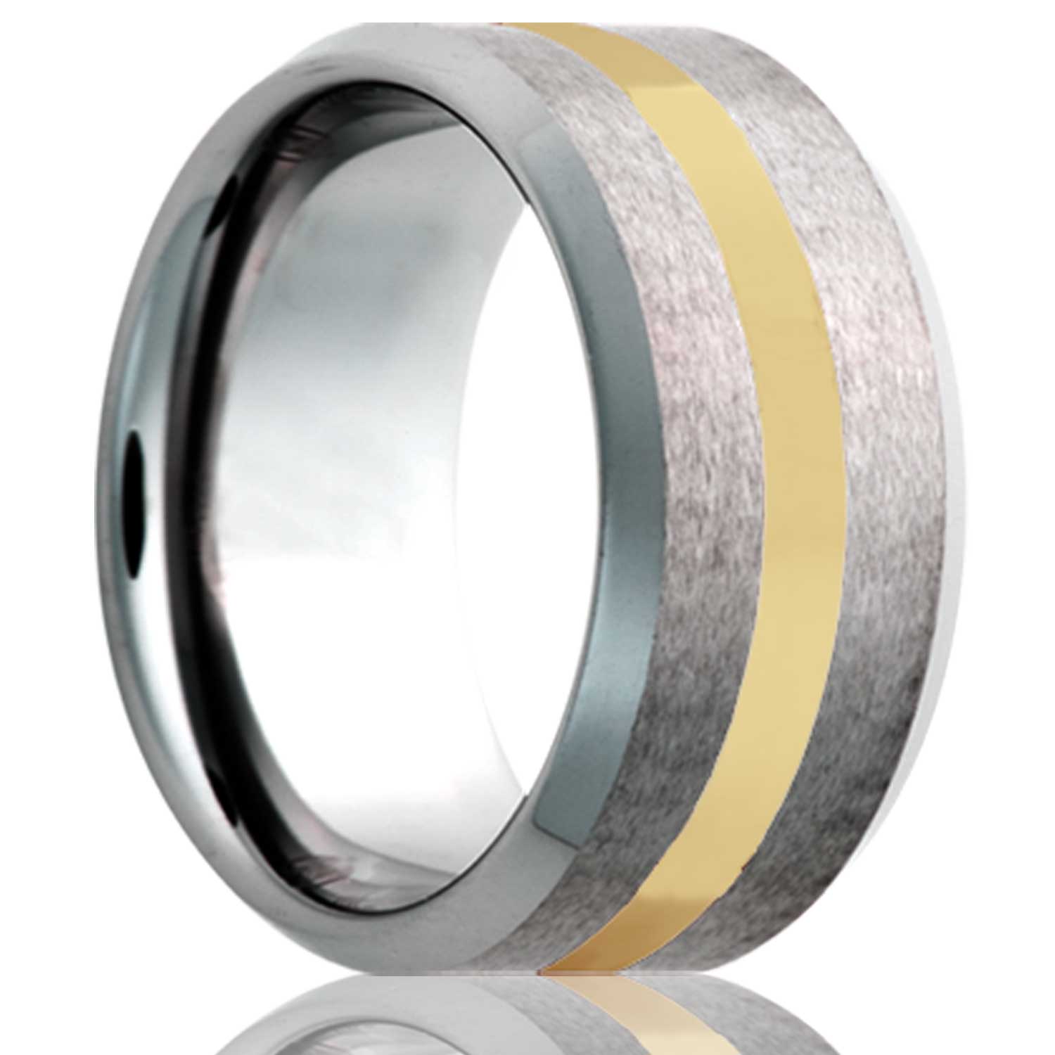 A 14k yellow gold inlay satin finish tungsten wedding band with beveled edges displayed on a neutral white background.