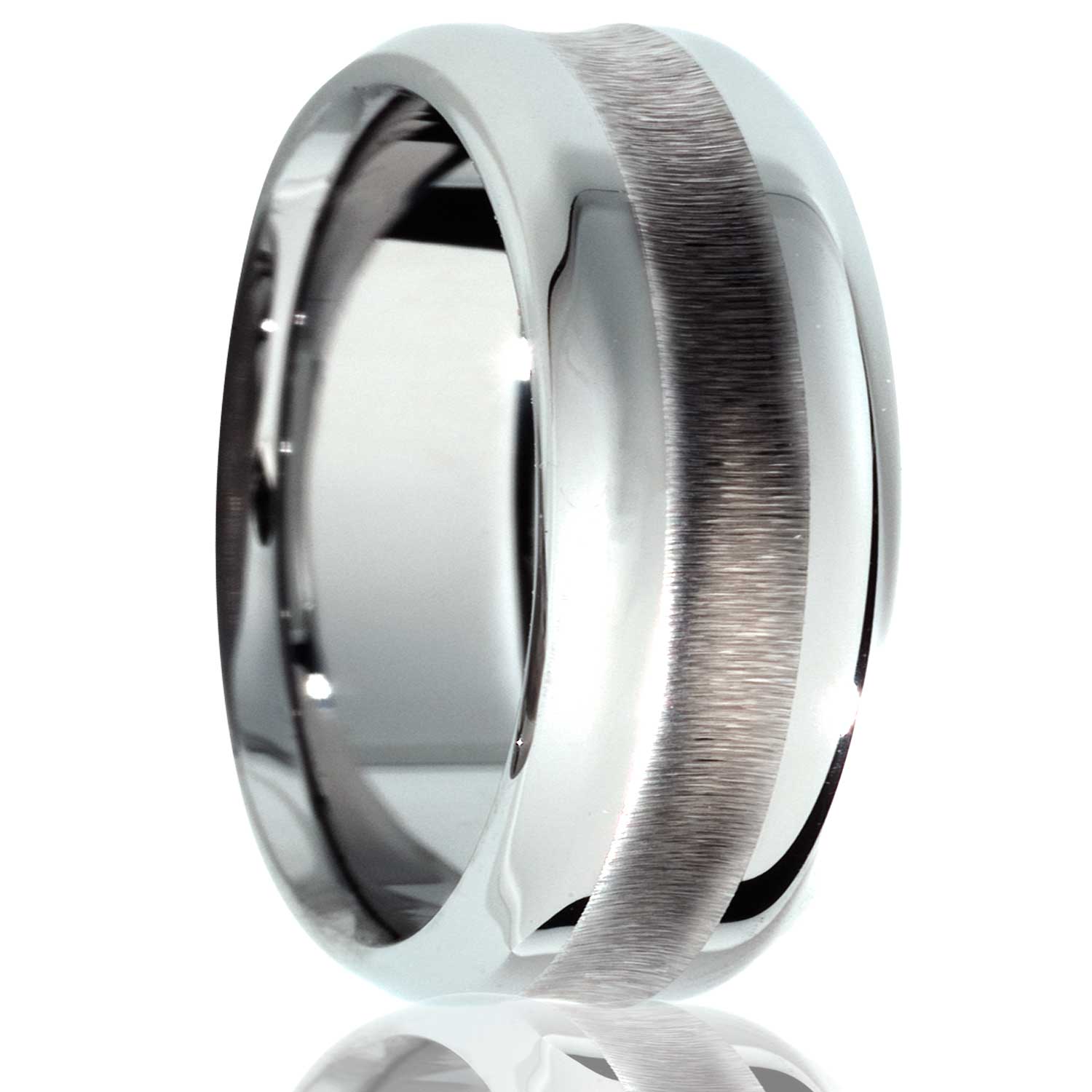 A tungsten wedding band with beveled edges displayed on a neutral white background.