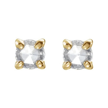 A 14k gold round diamond flat back earrings displayed on a neutral white background.